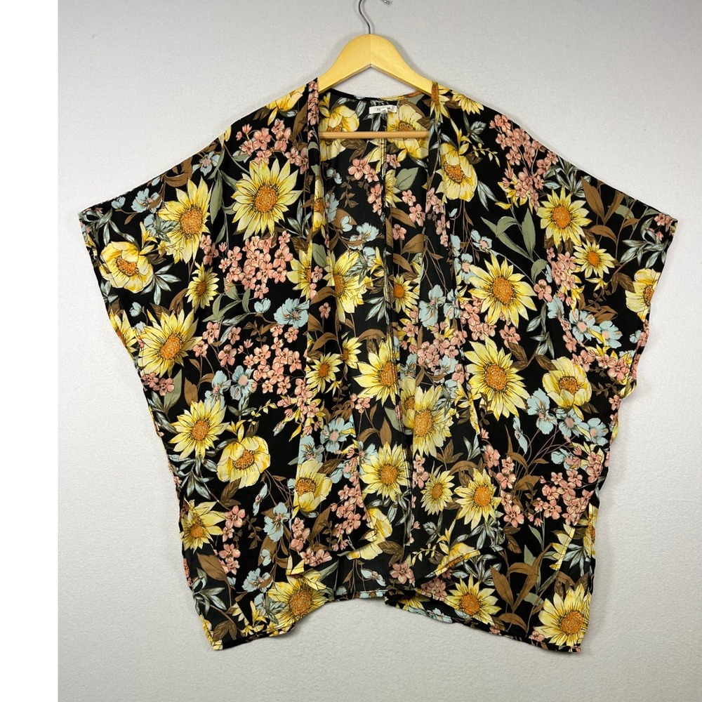 Boho Floral Maurices Women One Size Black Yellow Sunflower Kimono Wrap‎ Cardigan